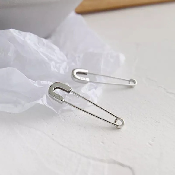 925 Sterling Silver Safety Pin Earrings - Picture 2 of 4